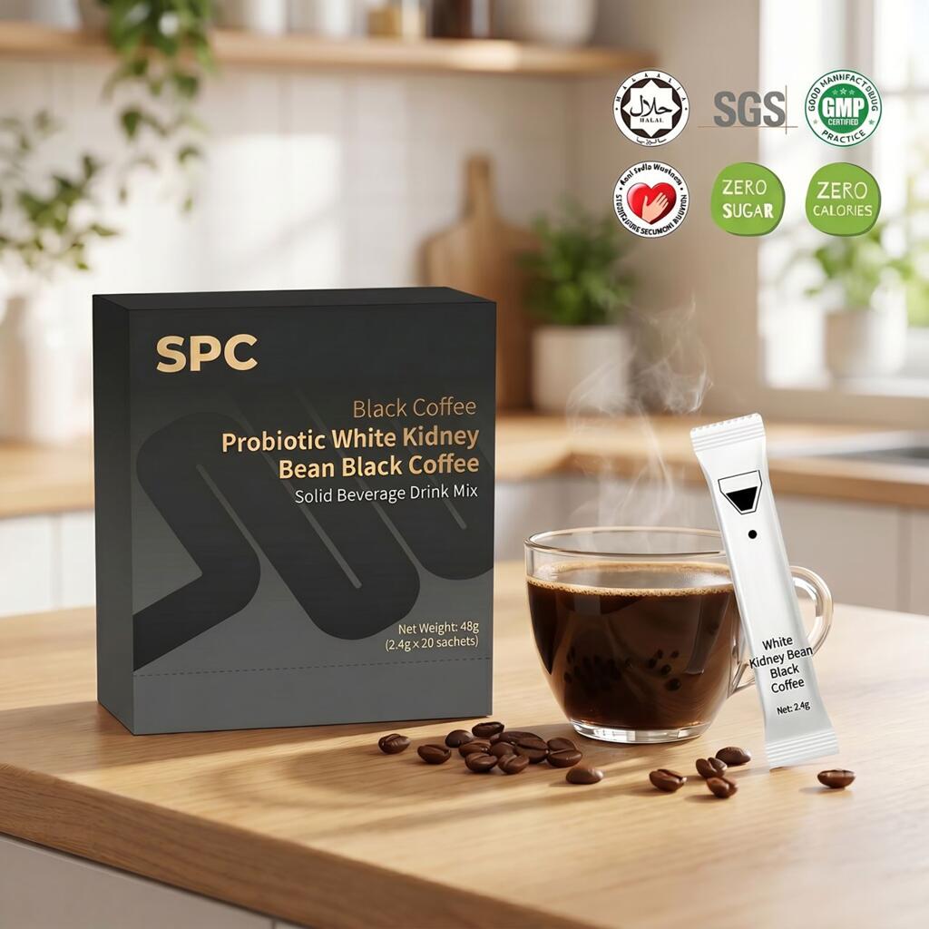 SLIM PLUS COFFEE box, sachet, and prepared cup of coffee